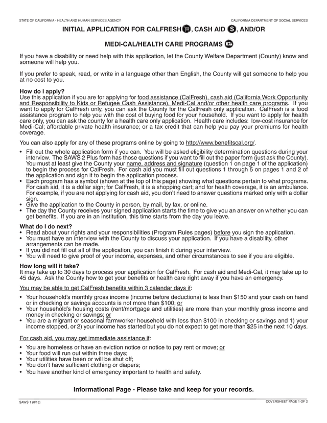 Initial Application For CalFresh, Cash Aid, AndOr Medi CalHealth Care Programs screenshot