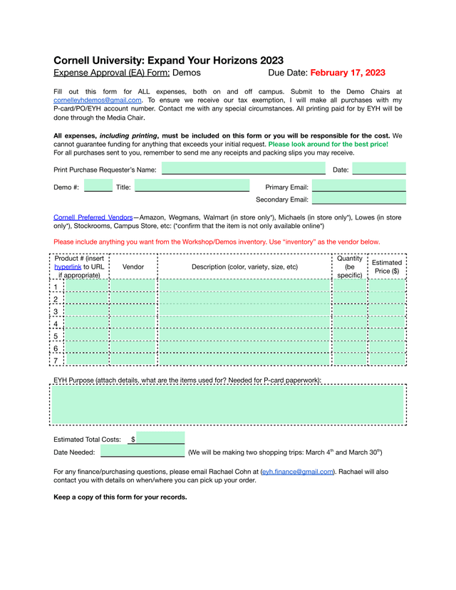 Cornell University Expand Your Horizons 2023 Expense Approval (EA) Form Demos screenshot