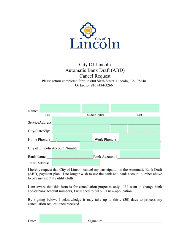 City Of Lincoln Automatic Bank Draft (ABD) Cancel Request screenshot