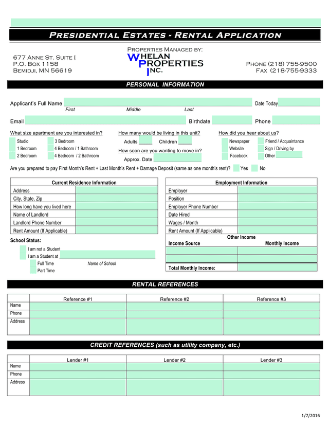 Presidential Estates   Rental Application screenshot