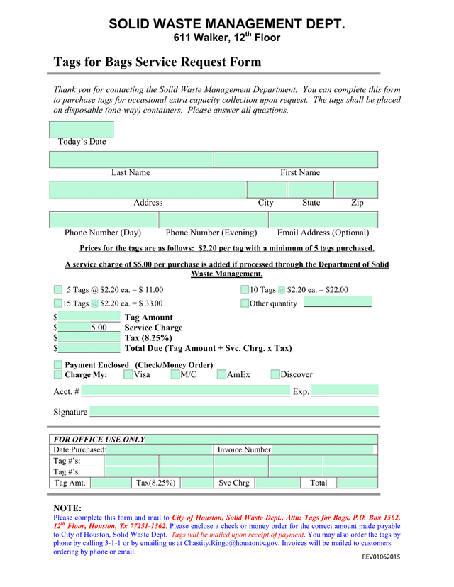 Tags For Bags Service Request Form screenshot