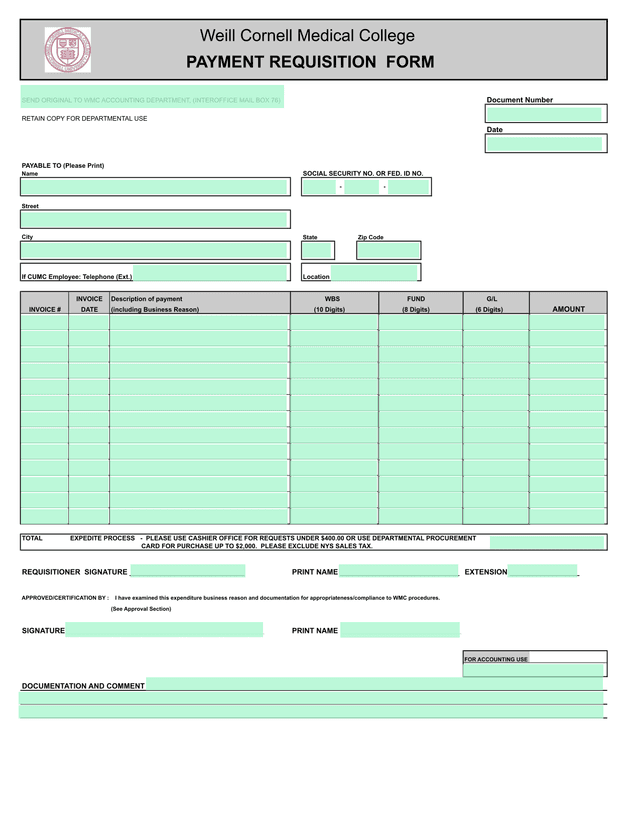 Payment Requisition Form screenshot