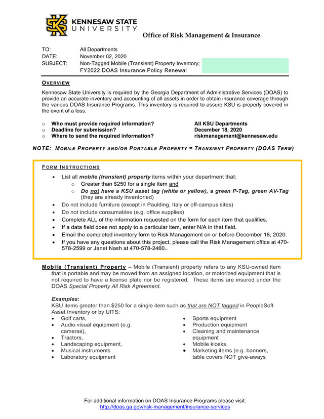 Non Tagged Mobile (Transient) Property Inventory FY2022 DOAS Insurance Policy Renewal screenshot