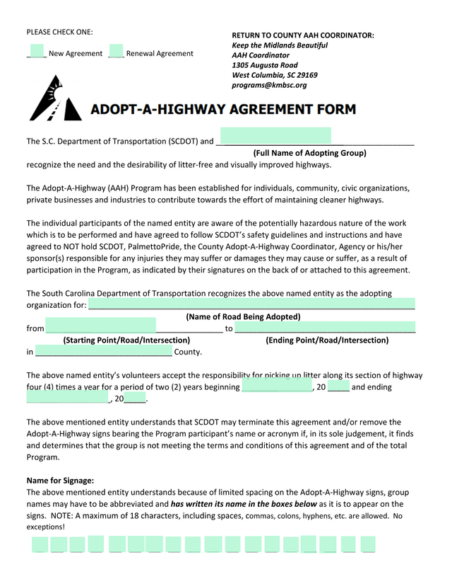 Adopt A Highway Program Agreement screenshot