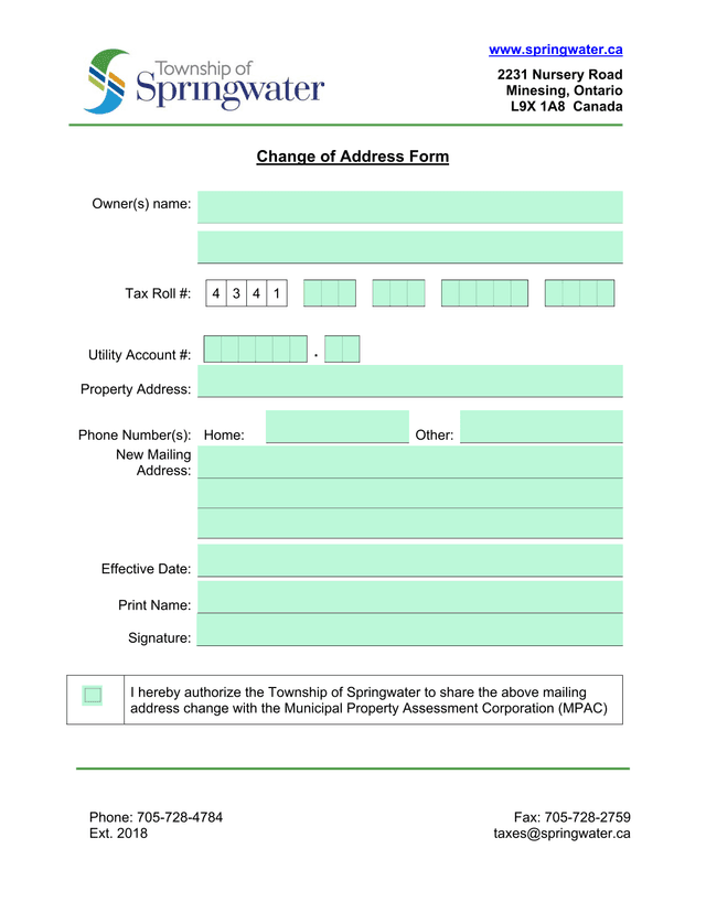 Change Of Address Form screenshot