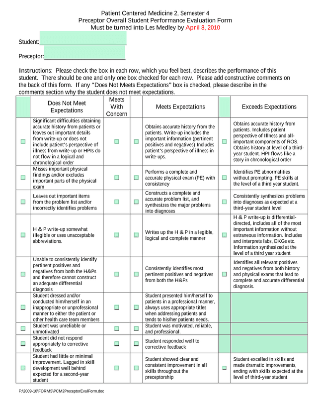 Preceptor Overall Student Performance Evaluation Form screenshot