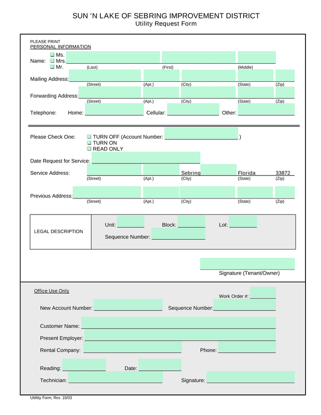 SUN N LAKE OF SEBRING IMPROVEMENT DISTRICT Utility Request Form screenshot