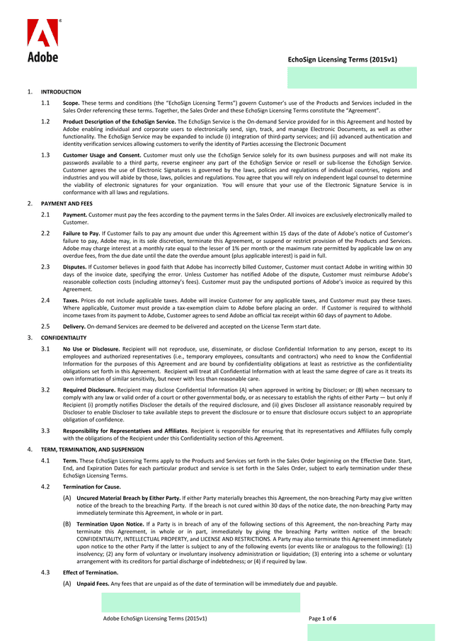 EchoSign Licensing Terms (2015v1) screenshot