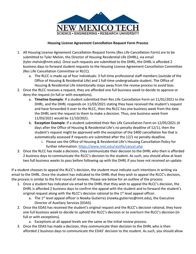 Housing License Agreement Cancellation Request Form Process screenshot