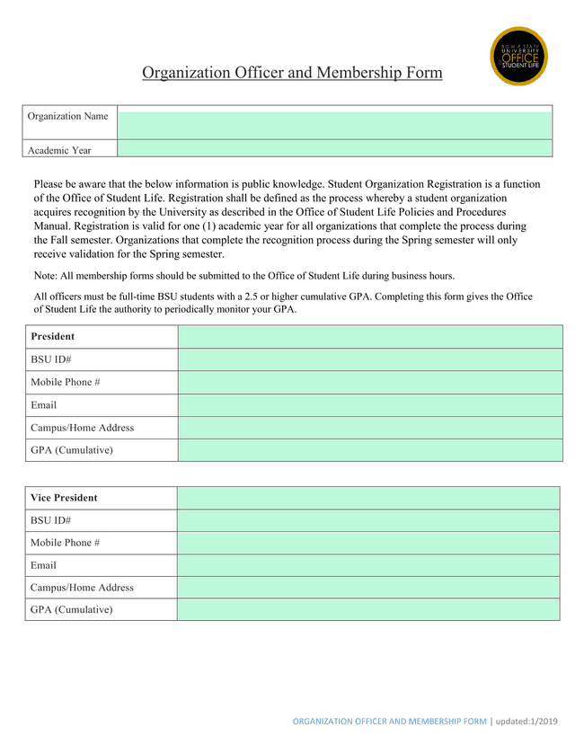 ORGANIZATION OFFICER AND MEMBERSHIP FORM screenshot