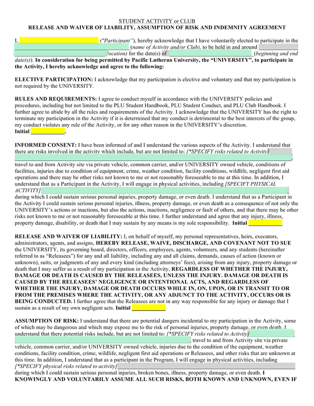 Student Activity Or Club Release And Waiver Of Liability, Assumption Of Risk And Indemnity Agreement screenshot