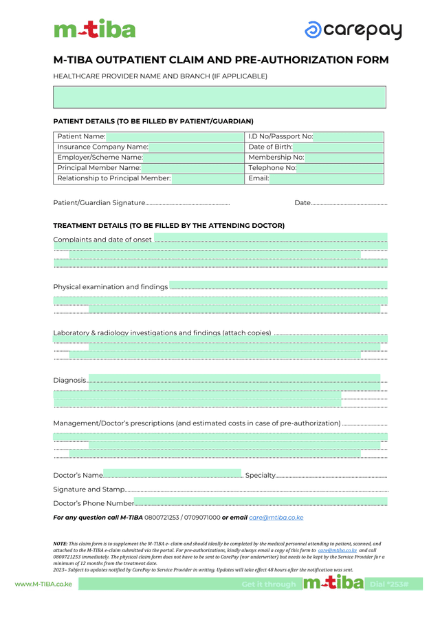 M TIBA OUTPATIENT CLAIM AND PRE AUTHORIZATION FORM screenshot