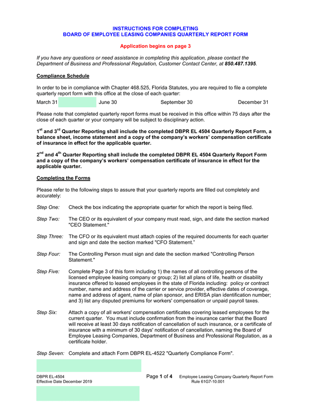 DBPR EL 4504 Employee Leasing Company Quarterly Report Form screenshot
