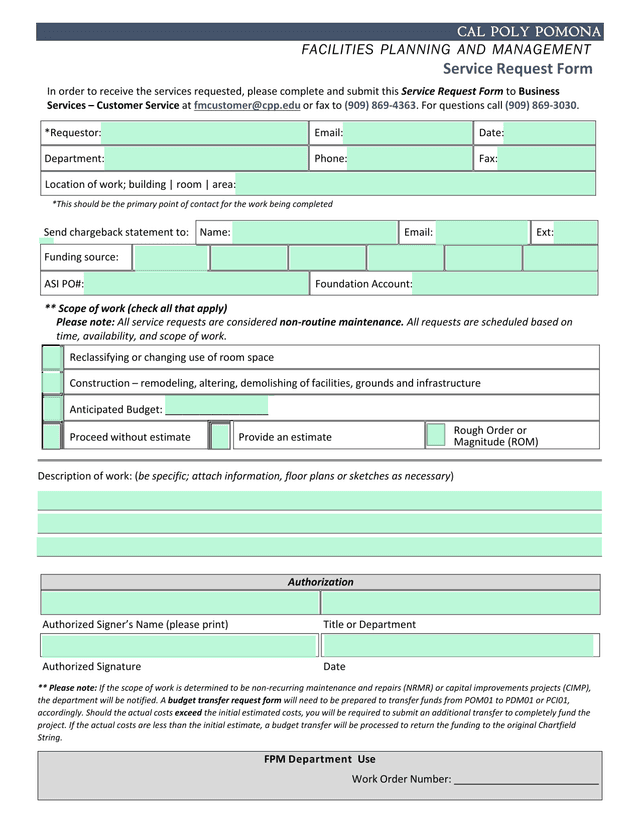 Facilities Planning And Management Service Request Form screenshot