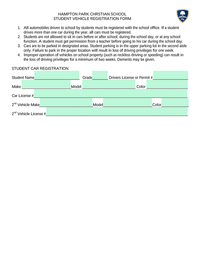 Student Vehicle Registration Form screenshot