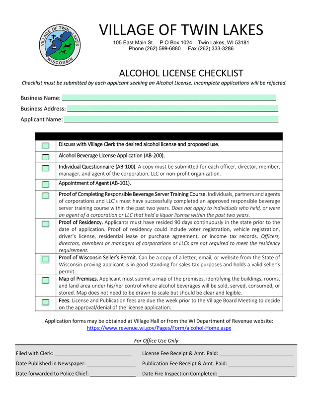 ALCOHOL LICENSE CHECKLIST screenshot