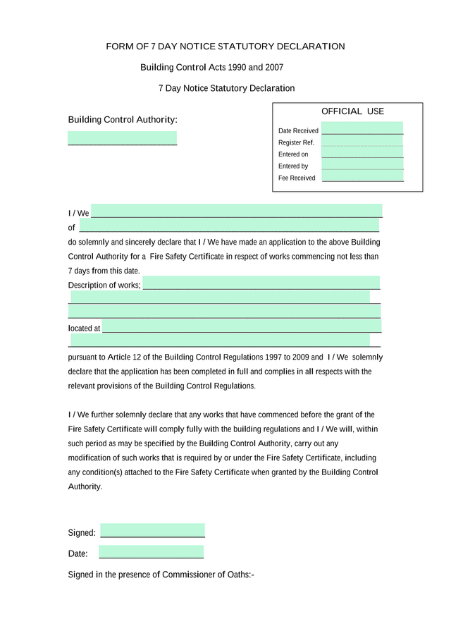 7 Day Notice Statutory Declaration screenshot
