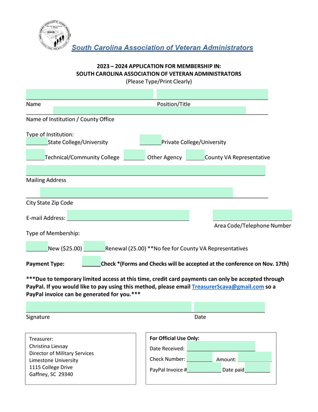 South Carolina Association Of Veteran Administrators Membership Application screenshot