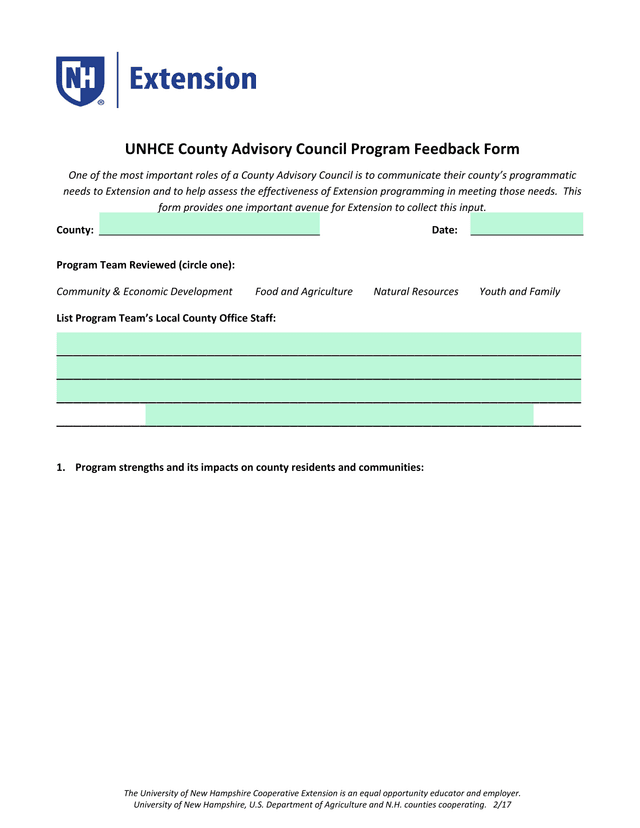 UNHCE County Advisory Council Program Feedback Form screenshot