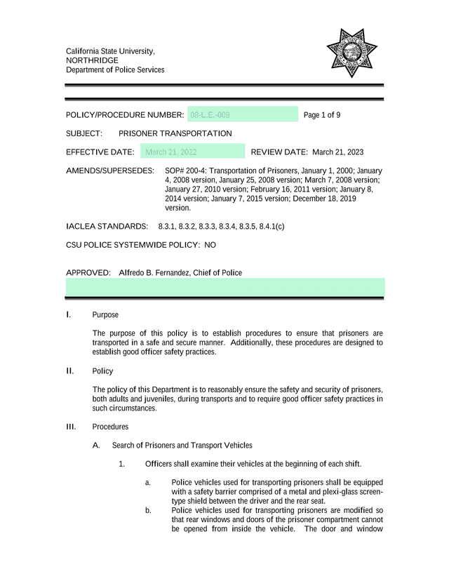 PRISONER TRANSPORTATION POLICYPROCEDURE screenshot