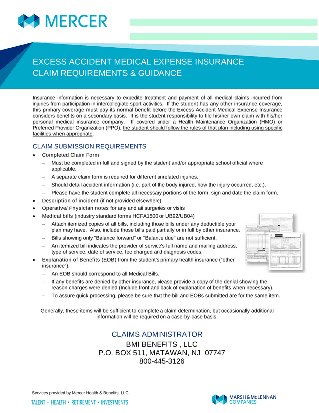 Excess Accident Medical Expense Insurance Claim Requirements  Guidance screenshot