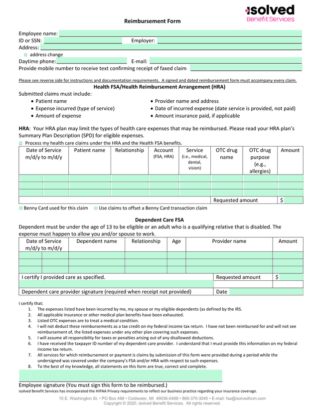 Reimbursement Form screenshot