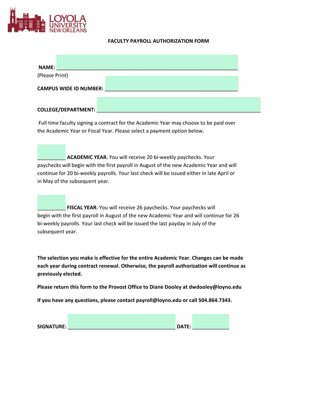 Faculty Payroll Authorization Form screenshot
