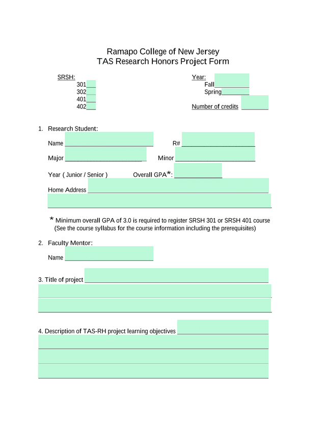 TAS Research Honors Project Form screenshot