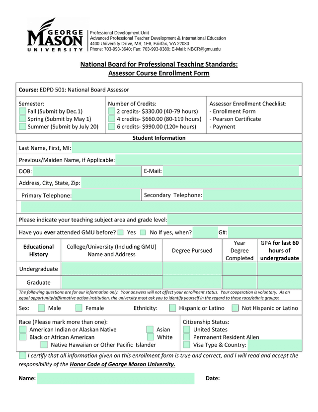 National Board For Professional Teaching Standards Assessor Course Enrollment Form screenshot