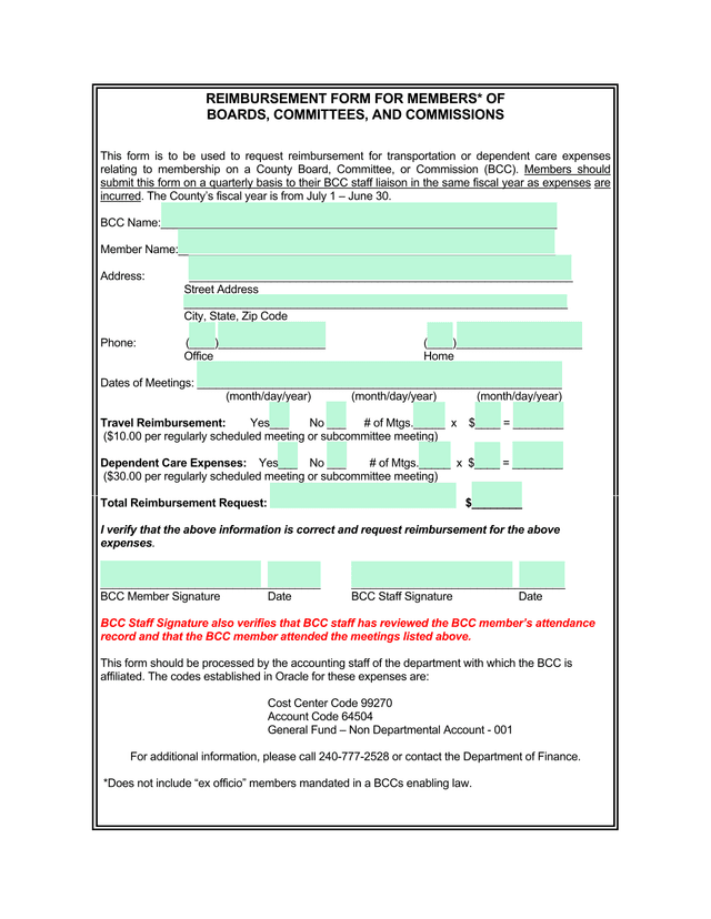REIMBURSEMENT FORM FOR MEMBERS OF BOARDS, COMMITTEES, AND COMMISSIONS screenshot