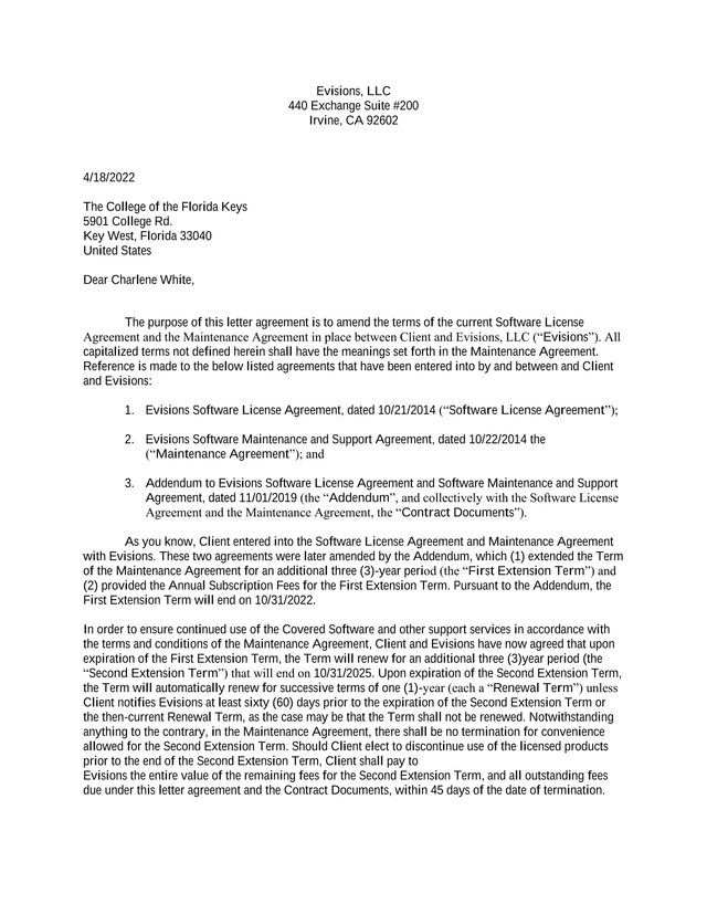 Letter Agreement   Software License And Maintenance Agreement Amendment screenshot