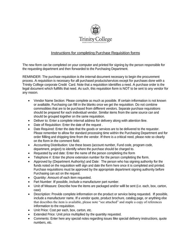 Purchase Requisition Form Instructions screenshot