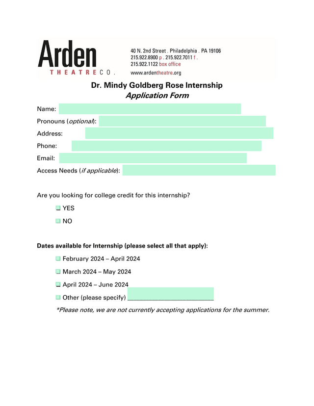 Dr. Mindy Goldberg Rose Internship Application Form screenshot
