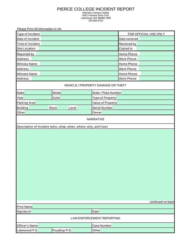 Pierce College Incident Report screenshot