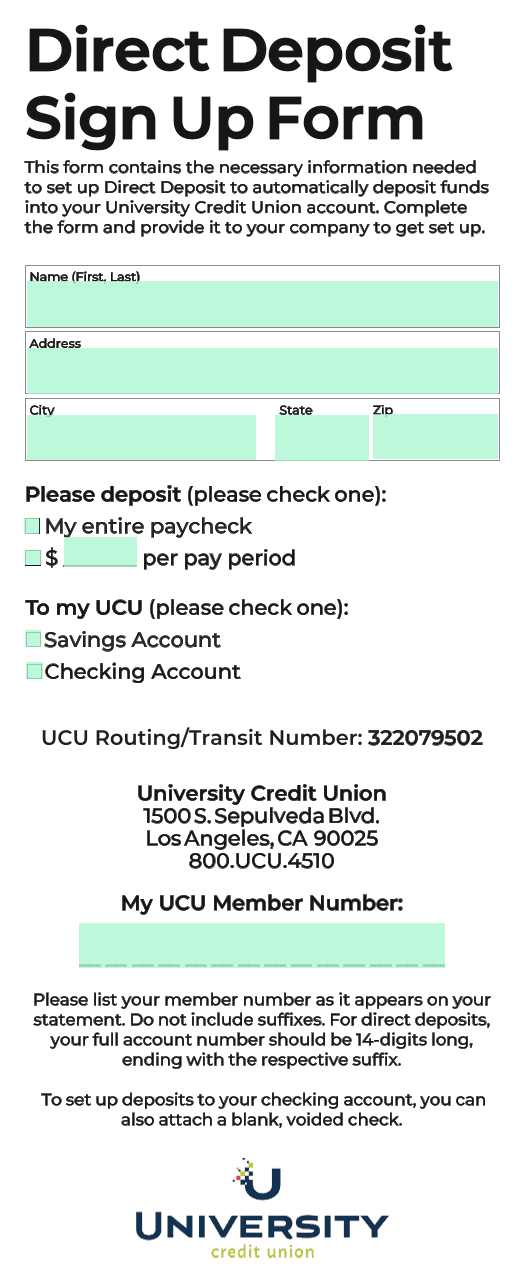 Direct Deposit Sign Up Form screenshot
