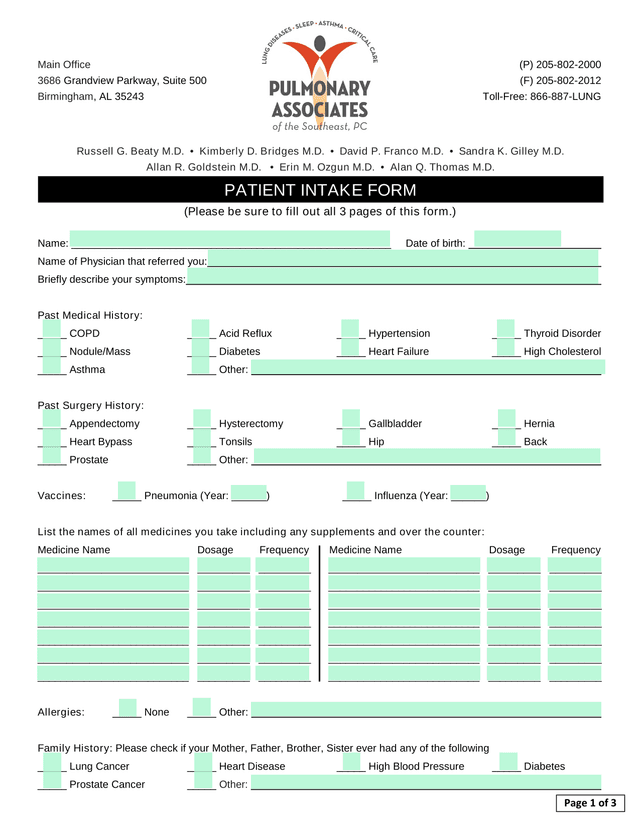 Patient Medical History Form screenshot
