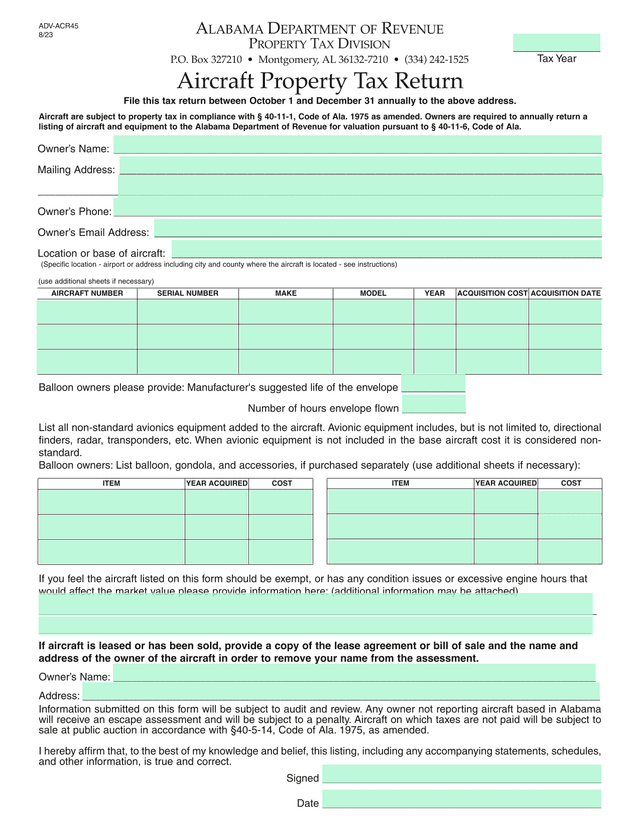 Aircraft Property Tax Return screenshot