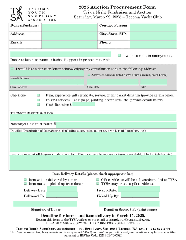 2025 Auction Procurement Form screenshot