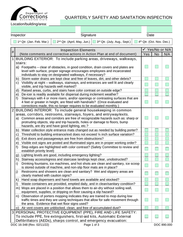 DOC 16 348 Quarterly Safety And Sanitation Inspection screenshot