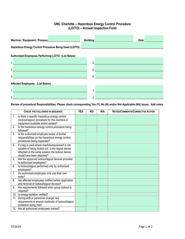 UNC Charlotte  Hazardous Energy Control Procedure (LOTO)  Annual Inspection Form screenshot