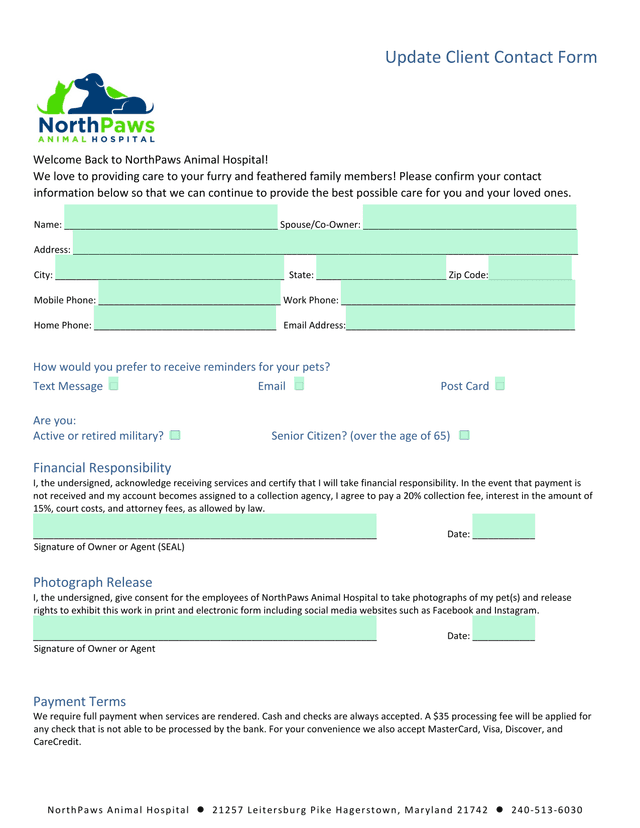 Update Client Contact Form screenshot