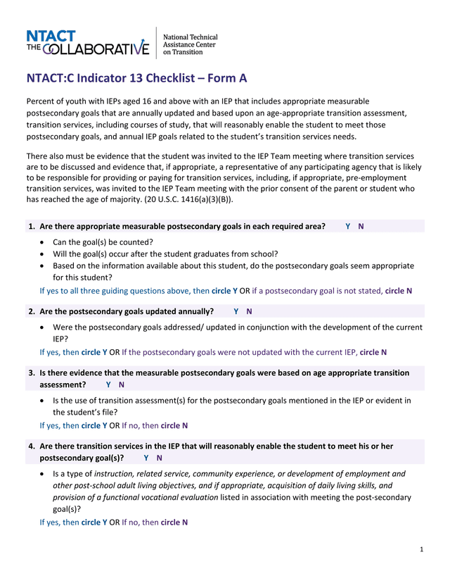 NTACTC Indicator 13 Checklist  Form A screenshot