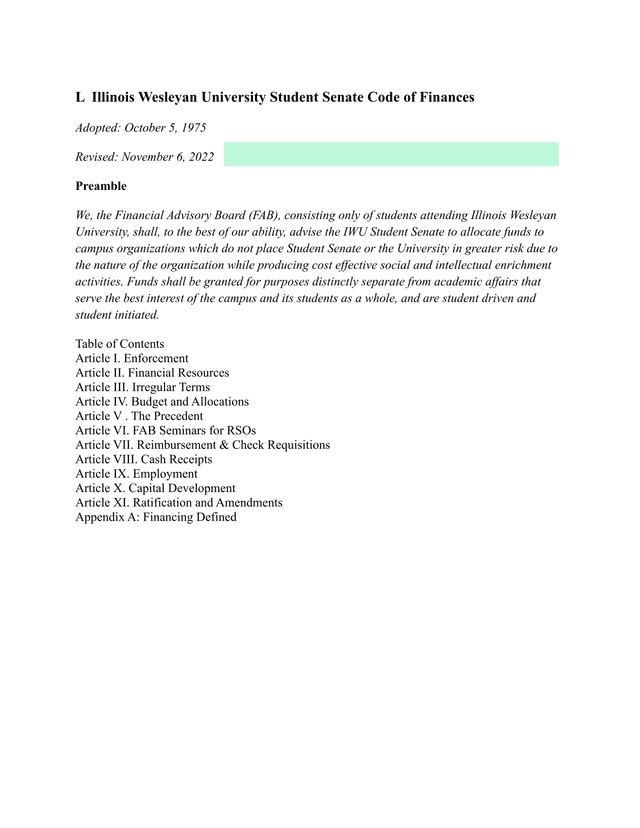 Illinois Wesleyan University Student Senate Code Of Finances screenshot
