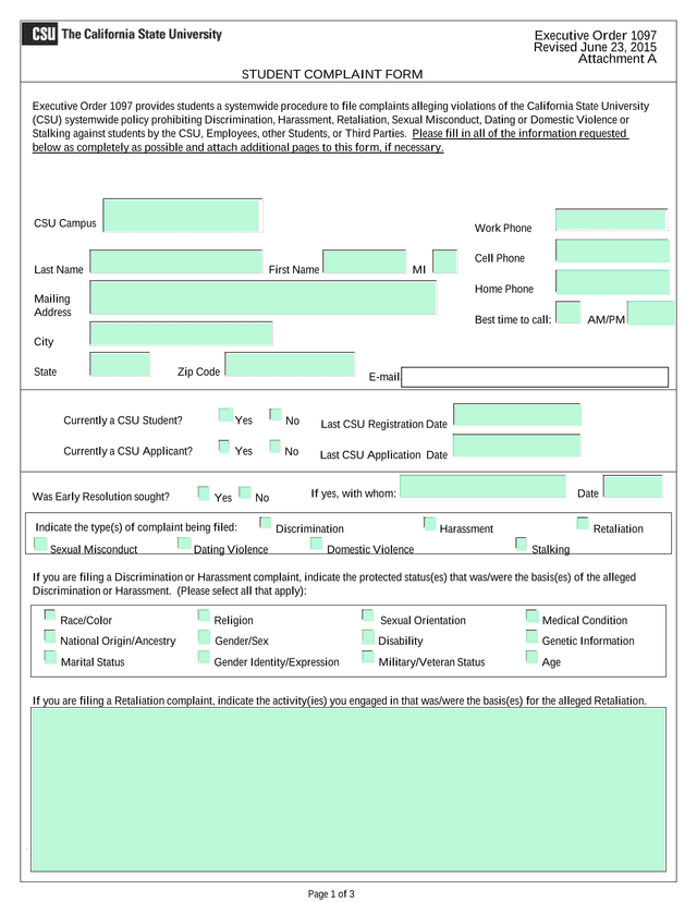 Executive Order 1097 Student Complaint Form screenshot