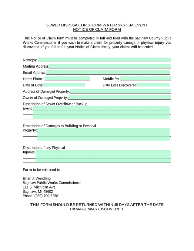 Sewer Disposal Or Storm Water System Event Notice Of Claim Form screenshot