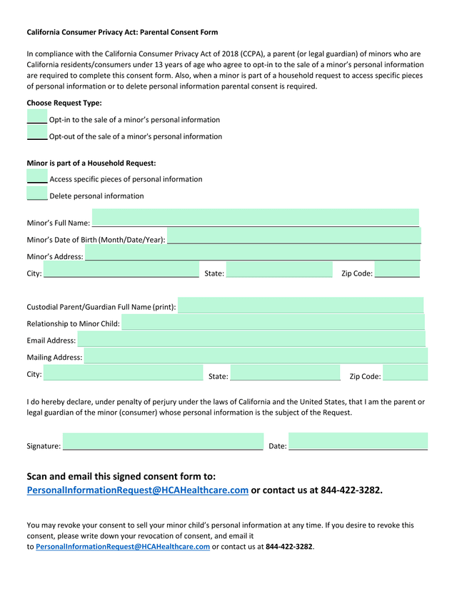 California Consumer Privacy Act Parental Consent Form screenshot