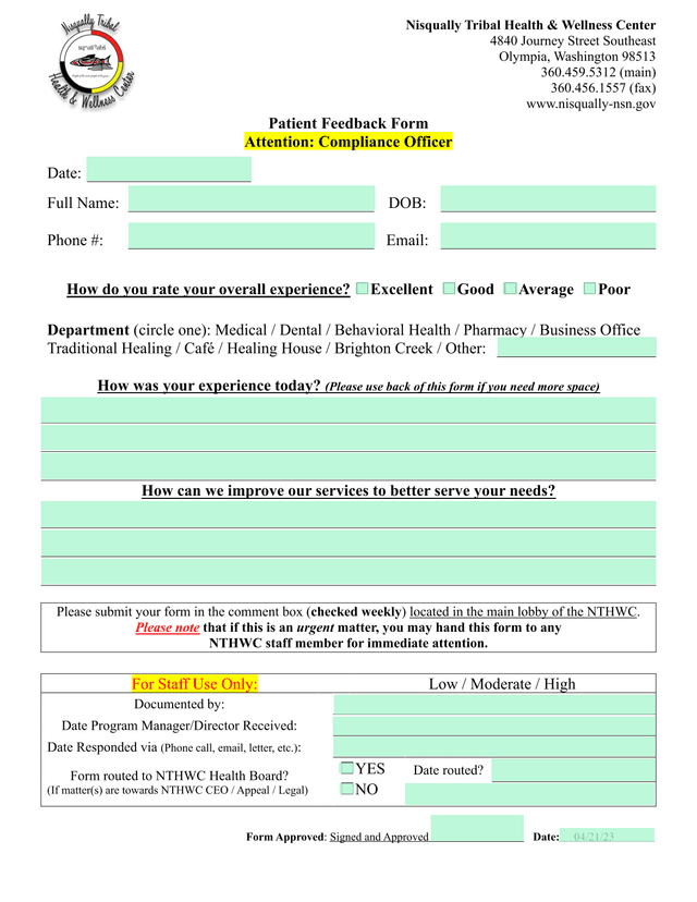 Patient Feedback Form screenshot