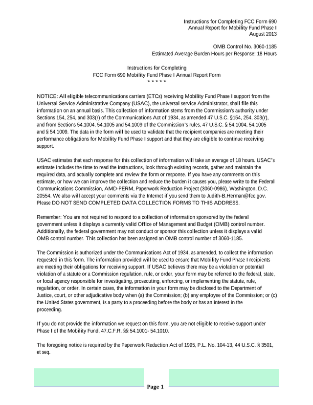 FCC Form 690 Mobility Fund Phase I Annual Report Form screenshot