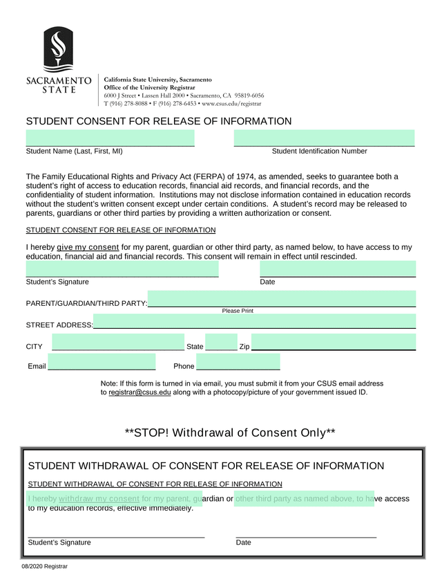 Student Consent For Release Of Information screenshot