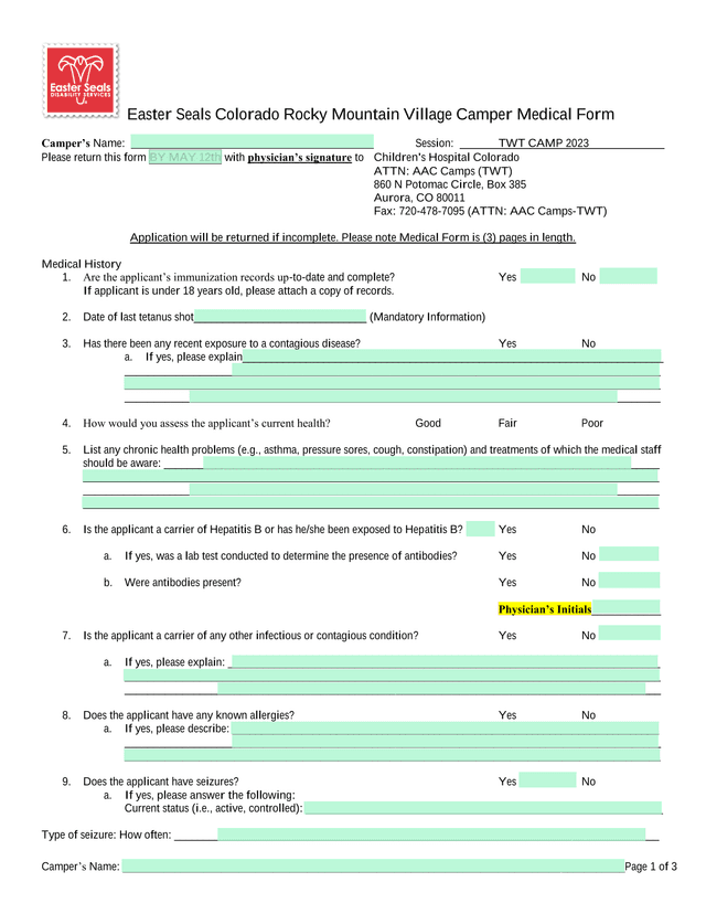 Easter Seals Colorado Rocky Mountain Village Camper Medical Form screenshot